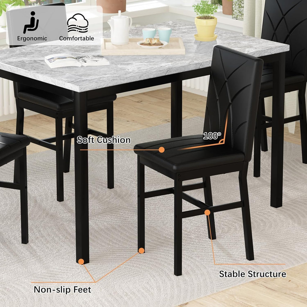 Hooseng Dining Table Set for 4 Faux Marble Kitchen Table and Chairs Set of 4,5 Piece with PU Leather Upholstered Dinner Chairs for Compact Dining Room,Small Space,Black