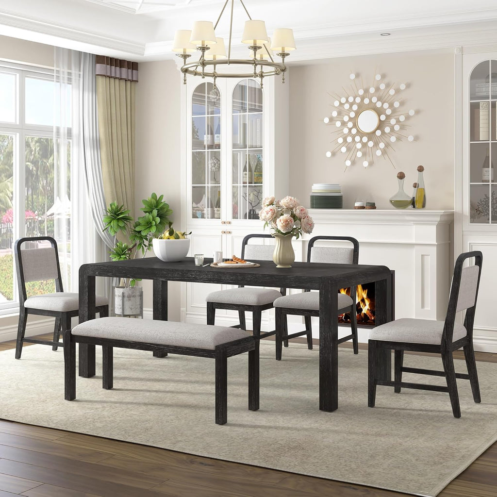 LUMISOL 6-Piece Solid Wood Dining Table Set, Extendable Kitchen Table Set for 4-6 with 4 Upholstered Chairs and 1 Bench for Kitchen, Dining Room, Living Room, Espresso