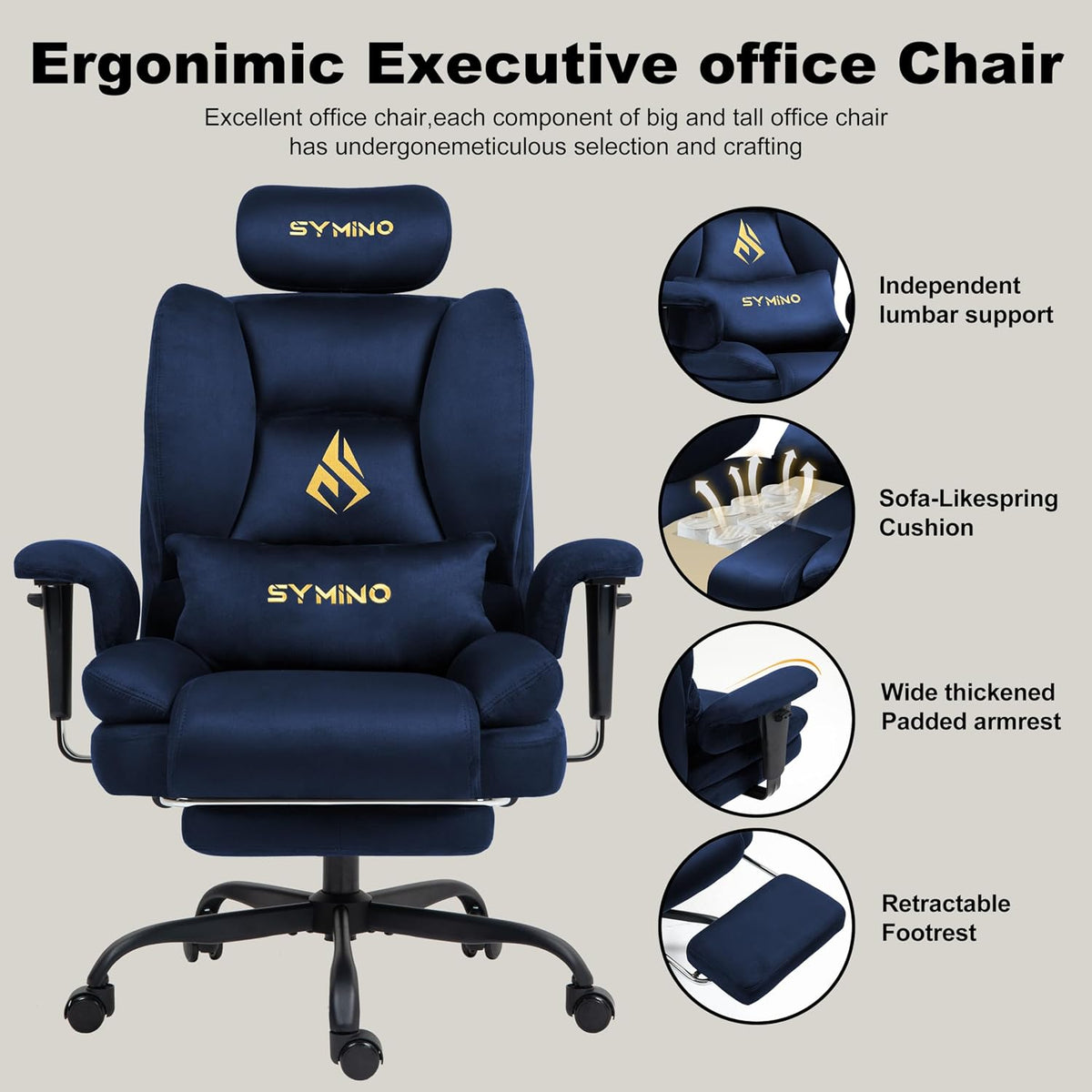 Symino Gaming Chair with Footrest, Up/Down Armrests, Suede Fabric Ergonomic Office Chair, 150° Recline Computer Chair for Desk, Darkblue
