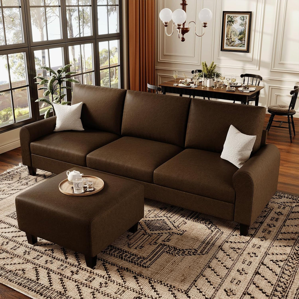 EASE MOOSE 100" Faux Leather L-Shaped Sofa Couch for Living Room, DeepBrown | Movable Ottoman, Removable Cover, Waterproof & Scratch-Resistant, Easy Clean, Easy Assembly, Ideal for Small Spaces