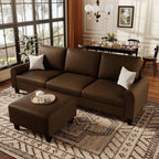 EASE MOOSE 100" Faux Leather L-Shaped Sofa Couch for Living Room, DeepBrown | Movable Ottoman, Removable Cover, Waterproof & Scratch-Resistant, Easy Clean, Easy Assembly, Ideal for Small Spaces