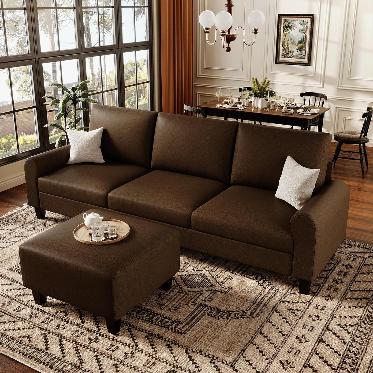 EASE MOOSE 100" Faux Leather L-Shaped Sofa Couch for Living Room, DeepBrown | Movable Ottoman, Removable Cover, Waterproof & Scratch-Resistant, Easy Clean, Easy Assembly, Ideal for Small Spaces