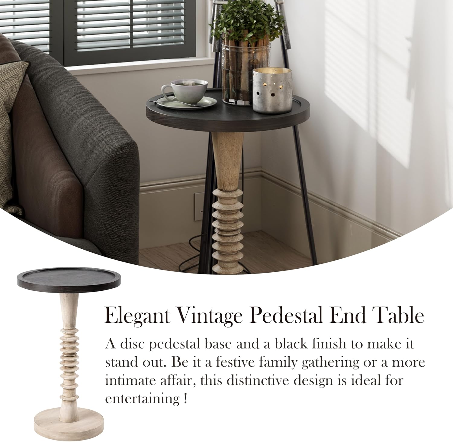 Pedestal Small Drinking Table, Farmhouse Tray Top End Table, Black Top, Distressed Finish, Aging White Frame