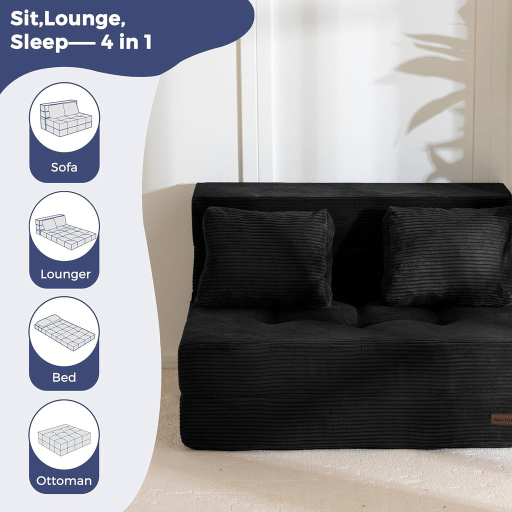 MAXYOYO Convertible Sofa Bed, Fold Out Sofa Couch with Pillow for Adults | Loveseat Sofa 4 in 1 Tufted Folding Couch Bed Foam Floor Couch, Lazy Chair for Living Room Bedroom Guest Room, Black