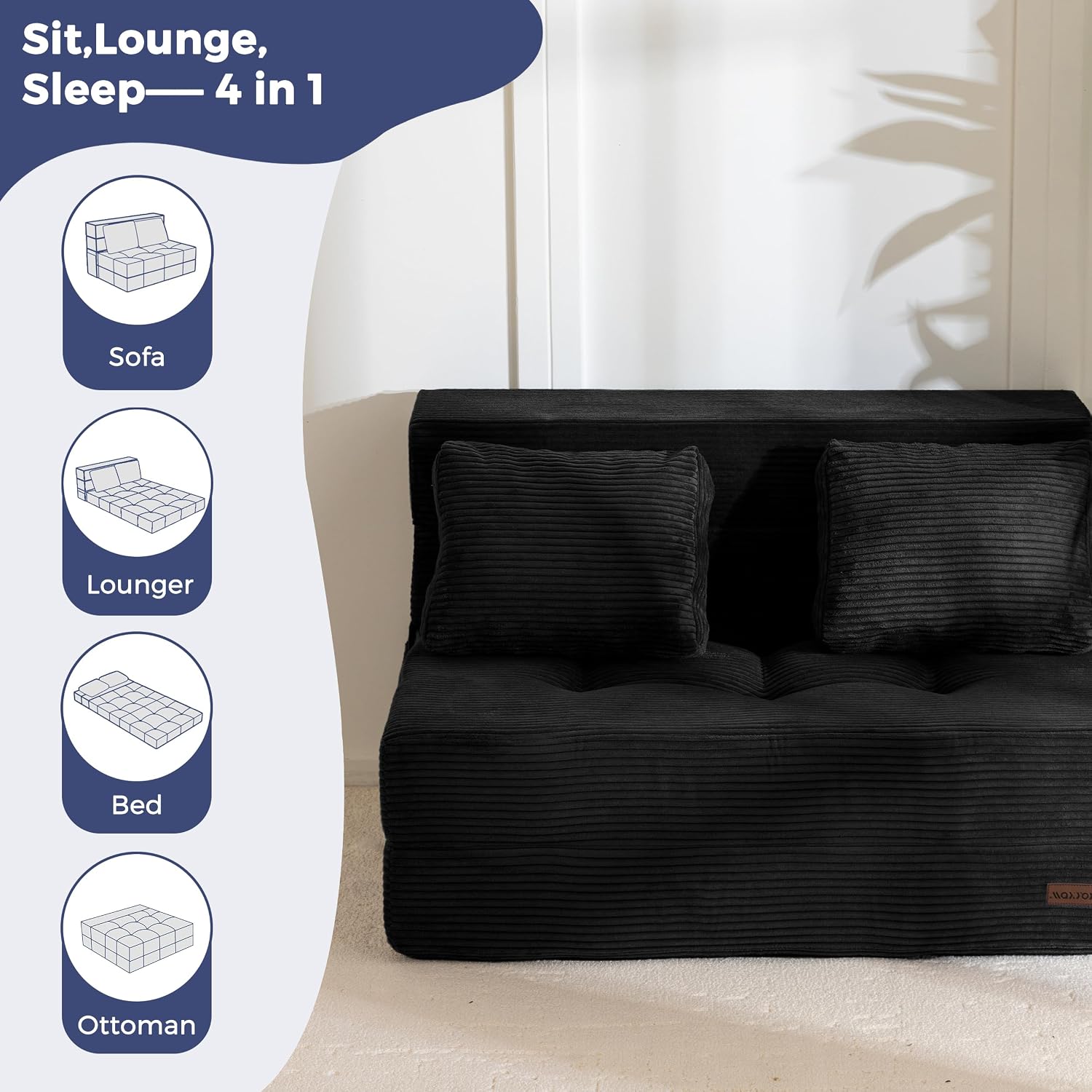 MAXYOYO Convertible Sofa Bed, Fold Out Sofa Couch with Pillow for Adults | Loveseat Sofa 4 in 1 Tufted Folding Couch Bed Foam Floor Couch, Lazy Chair for Living Room Bedroom Guest Room, Black