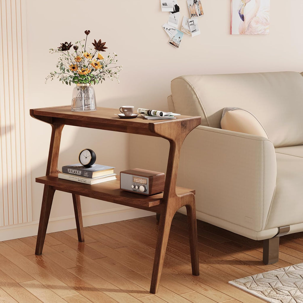 Solid Wood End Table, 2-Tier Side Table with Storage Shelf, Wooden Modern Accent Slim Bedside Table for Sofa, Living Room, Bedroom, Small Space, Easy Assembly, Rustic Brown