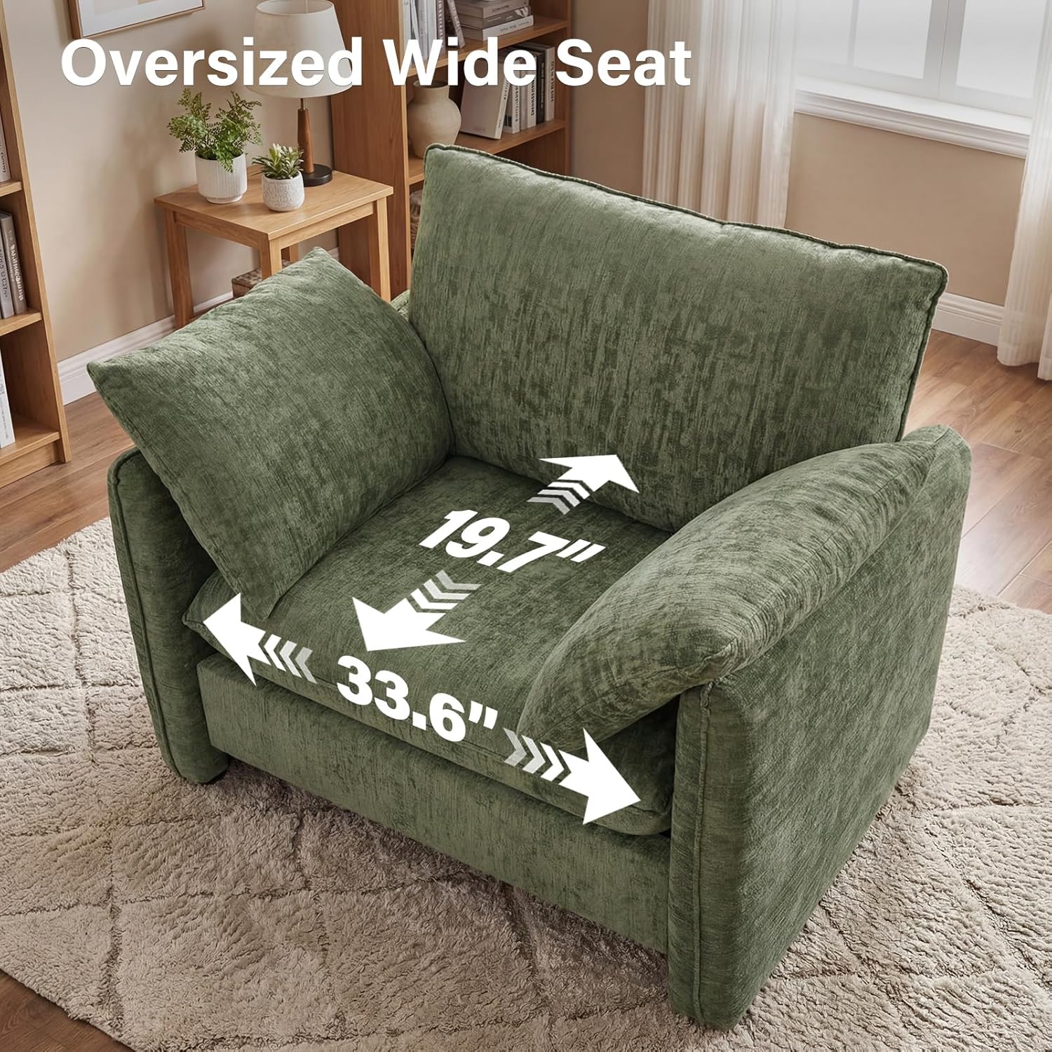 Elegant Oversized Accent Chair for Living Room, 42.1", Chenille, Green | Modern Upholstered Piping Single Reading Armchair with Cushion Backrest and 2 Pillows for Bedroom, Office, Reception Area