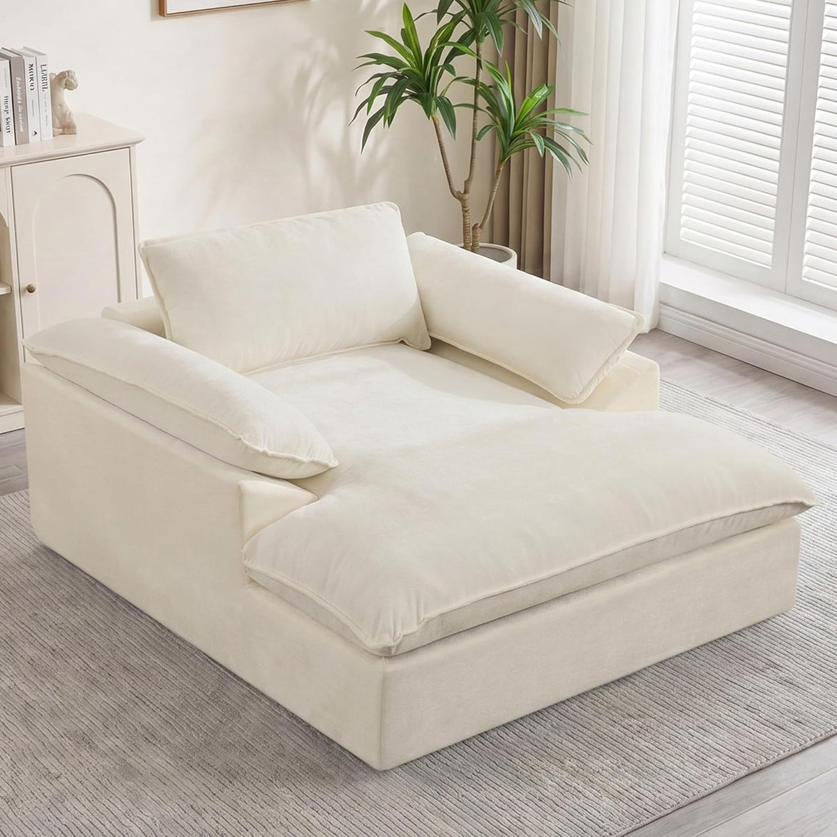 HUBSON 69" Oversized Chaise Lounge Chair Indoor, Comfy Deep Seat Sleeper Lounge Couch, Upholstered Chenille Cloud Chairs for Living Room, Bedroom, Apartment, No Assembly Required, Beige