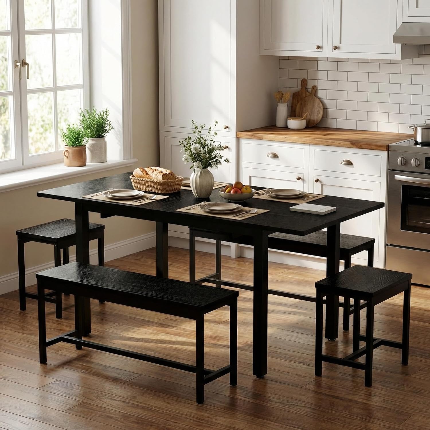 IDEALHOUSE 5-Piece Extendable Dining Table Set for 6-8 People, 63 Inch Kitchen Table with 2 Benches & 2 Stools, Space Saving Modern Dining Room Furniture, Black