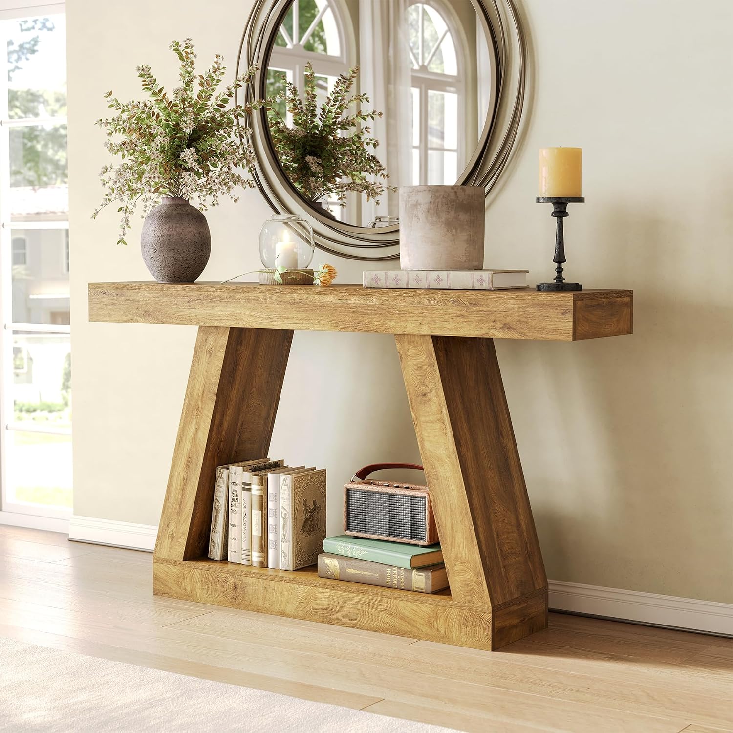 LITTLE TREE 55-Inch Sofa Table with Storage, Farmhouse Console Table for Home, Rectangular Wooden Entryway Furniture for Living Room, Bedroom, Office, Hallway, Oak