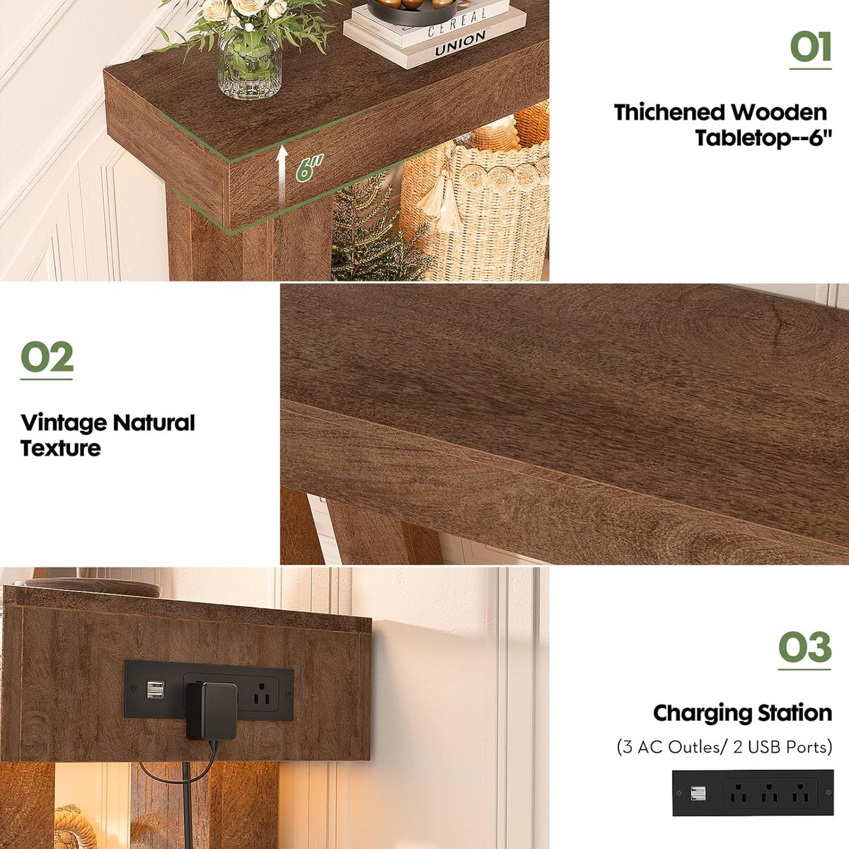 Unikito 47" Entryway Table with Socket and Sensor Light, Narrow Console Table with Storage Behind Couch, Farmhouse Entry Way Tables with Open Storage for Entrance/Hallway/Living Room, Rustic Oak