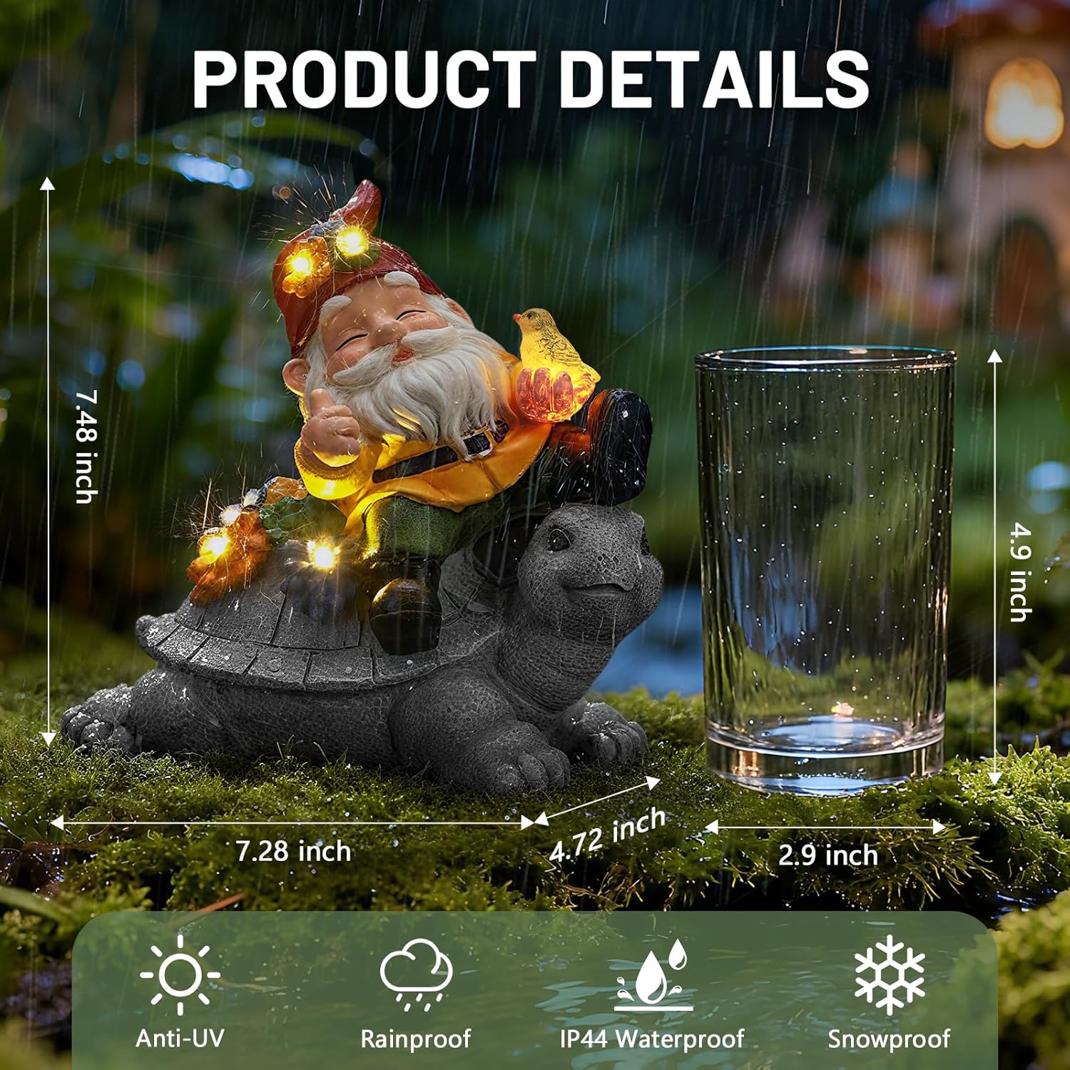 Solar Gnome on Turtle Statue Light, Weatherproof Resin Garden Decor Auto On/Off - Whimsical Night Glow for Fairy Garden & Yard