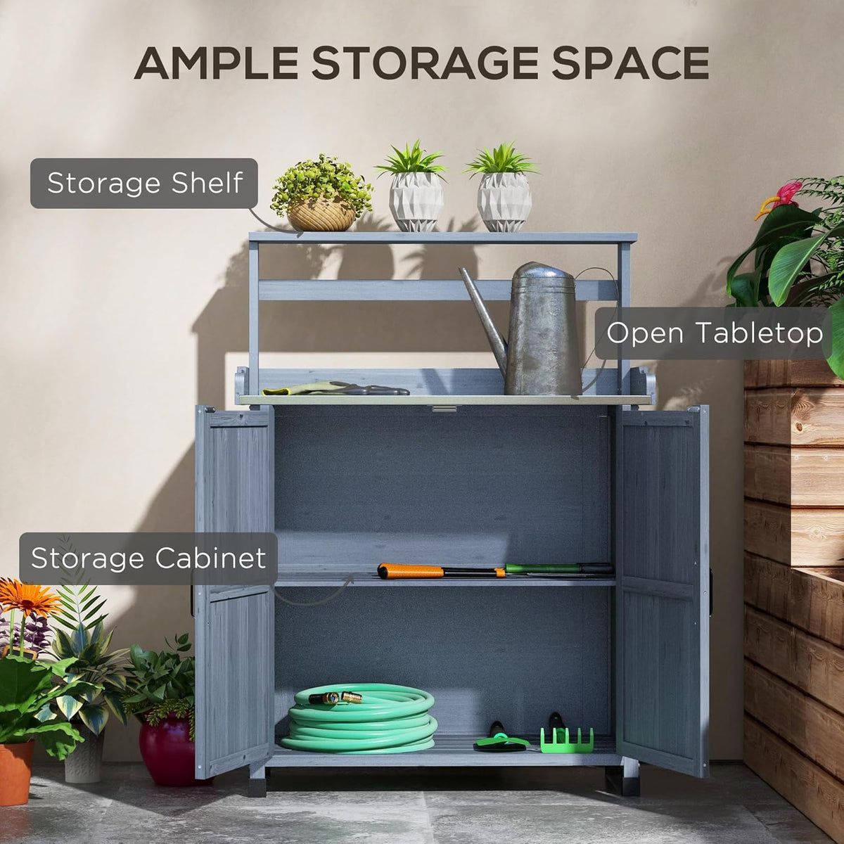 36" Farmhouse Style Storage Cabinet, Sideboard Cabinets with Galvanized Top, Living Room Organizer with Anti-Slip Feet for Outdoor Garden, Gray