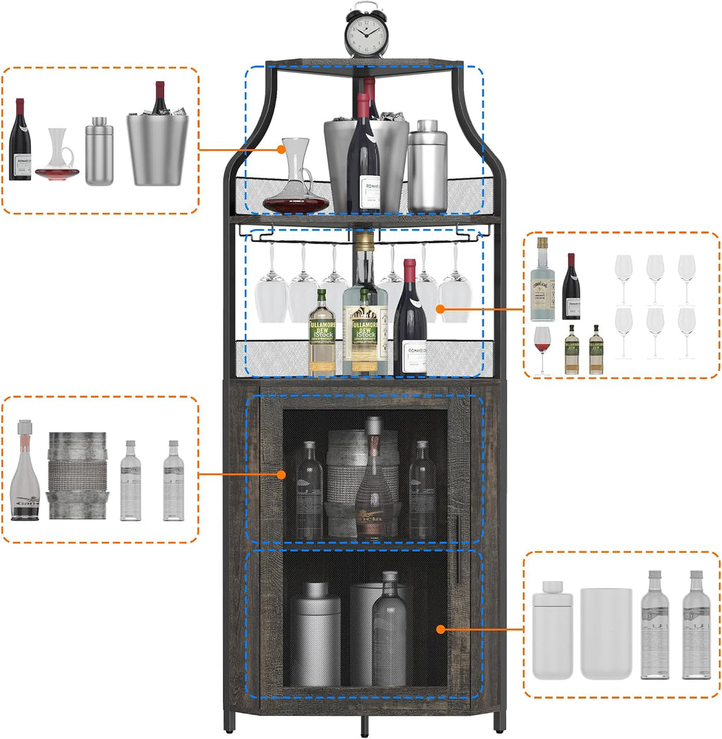 Garvee Corner Wine Rack Cabinet for Liquor Cabinet with Adjustable Shelves, 61 in Industrial Tall Bar Cabinet Freestanding with Mesh Door and Glass Holder for Kitchen, Rustic Brown