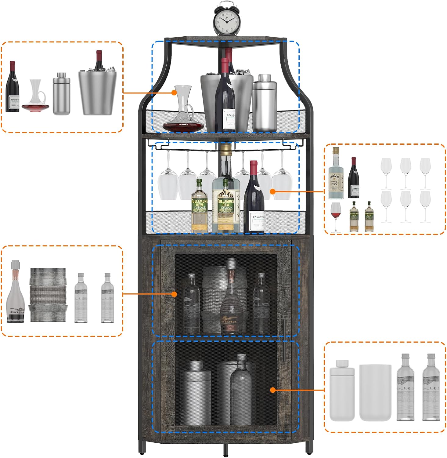 Garvee Corner Wine Rack Cabinet for Liquor Cabinet with Adjustable Shelves, 61 in Industrial Tall Bar Cabinet Freestanding with Mesh Door and Glass Holder for Kitchen, Rustic Brown