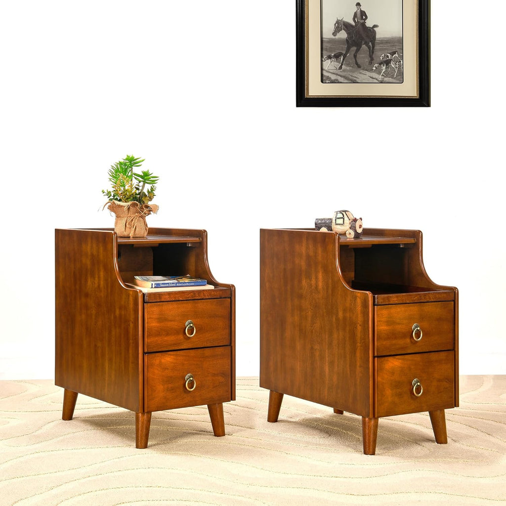 Set of 2 Solid Wood Narrow Nightstand with 2 Drawers, Fully Assembled Skinny Night Stand with Pull-out Tray for Bedroom, Pre-Assembled Vintage Wooden Slim Side Table for Small Space, 21.7x11.8x23in