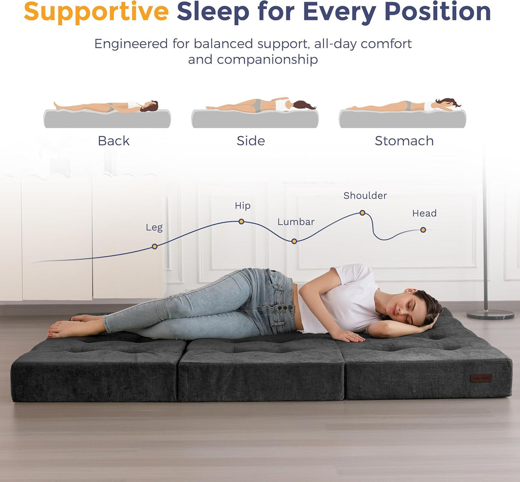 MAXYOYO 6" Folding Sofa Bed for Floor, Tufted Tri-Fold Floor Mattress with Chenille Fabric, Full Size Portable Sofa Couch Guest Mat for Adults, Foldable Topper for Camping, Dark Grey, 53"x75"