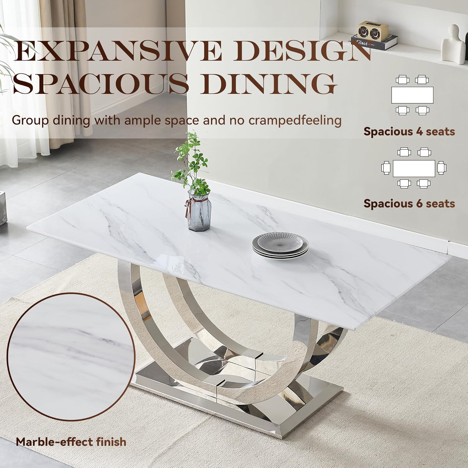 SSLine Modern White Marble Dining Table Set for 4,Luxury 69" Faux Marble Kitchen Table with Velvet Tufted Chairs for 4,5-Piece Dining Room Table Set with Silver Stainless Steel U-Shape Base