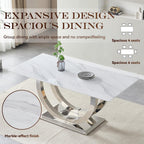 SSLine Modern White Marble Dining Table for 6-8 Rectangle 69.3" Faux Marble Kitchen Table with Silver Stainless Steel Dual U Shape Pedestal Base Luxury Dining Room Table for Home Kitchen