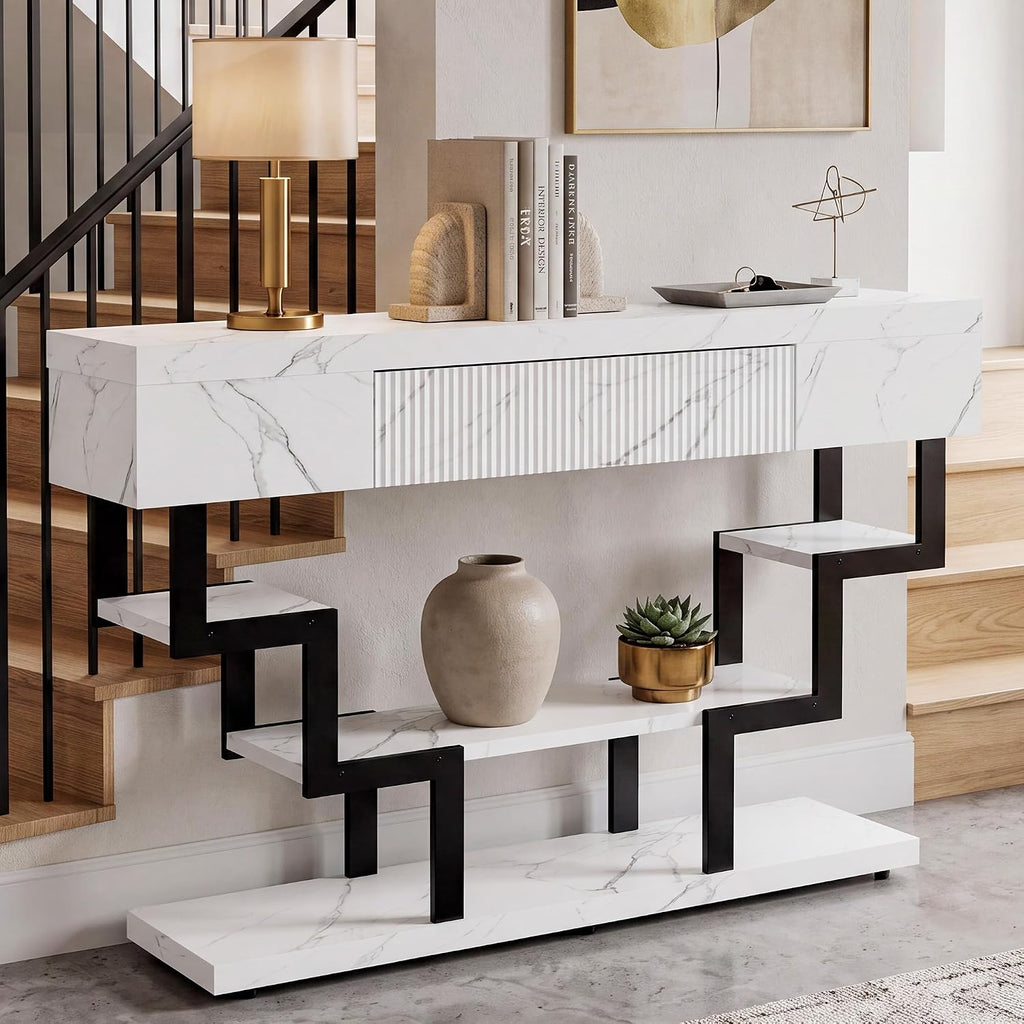 47.3" Console Table with Fluted Drawers, 3-Tier Modern Entryway Table with Geometric Black Metal Frame, Luxury Sofa Table for Living Room, Hallway, Foyer（White Marble Texture