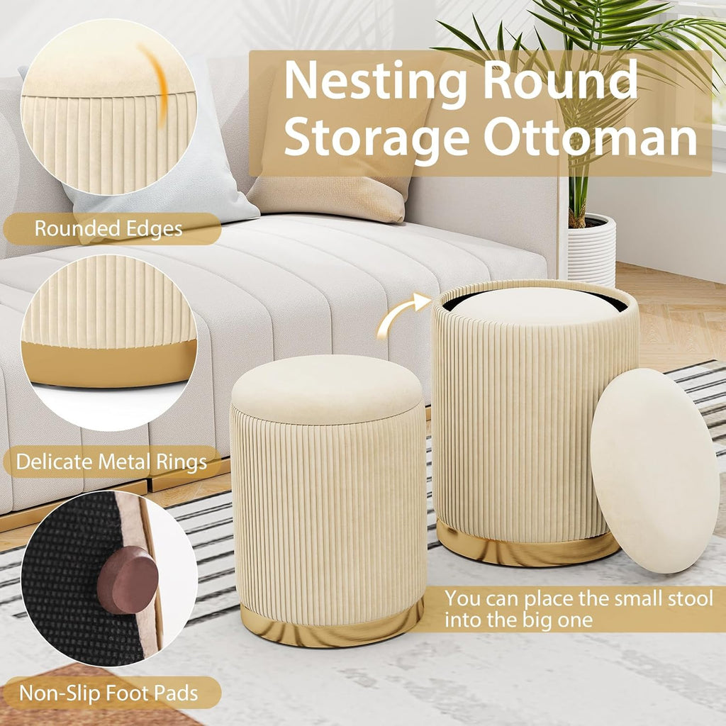 GIANTEX Ottoman with Storage, 1 Large & 1 Small Nesting Ottoman Side Table | Set of 2 Storage Ottomans, Upholstered Velvet/Linen Round Foot Rest Vanity Stool for Bedroom Living Room, Beige & Golden