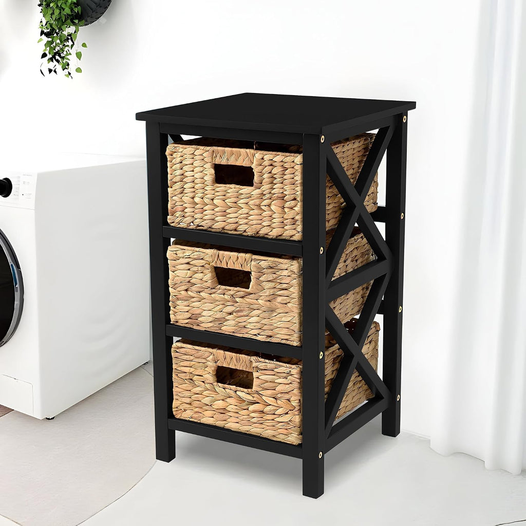 eHemco 3 Tier X-Side End Table with Wicker Baskets for Bedside, Living Room, Black