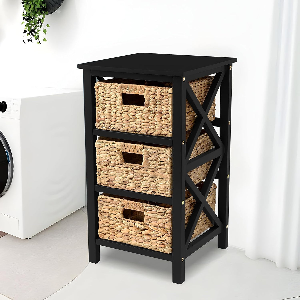 eHemco 3 Tier X-Side End Table with Wicker Baskets for Bedside, Living Room, Black