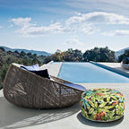 Outdoor/Indoor Inflatable Ottoman Pouf D20 xH9, All Weather Round Footstool with Handle, Water Repellent Portable Footrest for Patio Garden Camping Travel-Tropical Green Leaves