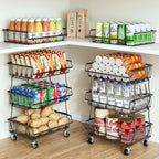OKZEST Pantry Organizers and Storage Cart with Upgraded Metal Hub Casters | Fits under pantry shelf, stackable fine-mesh wire baskets, 3-tier rolling cart holds drink, snack, can, potato, onion, fruit