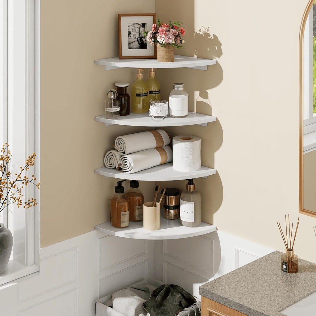 Homode Corner Floating Shelves, Set of 4 Round Corner Shelf Wall Mount with Cord Hole, 12 Inch Wood Curved Corner Hanging Shelf for Cable Box, Speaker, TV Cords, Books, Plants, White