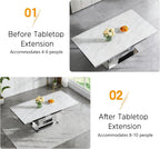 94 in Large Extendable Dining Table for 6 8 10, White Marble Pattern Top & Silver Mirrored Base, 3 Position Expansion 63" to 94", Modern Luxury Expandable Dining Room Table for Dinner Family Gathering