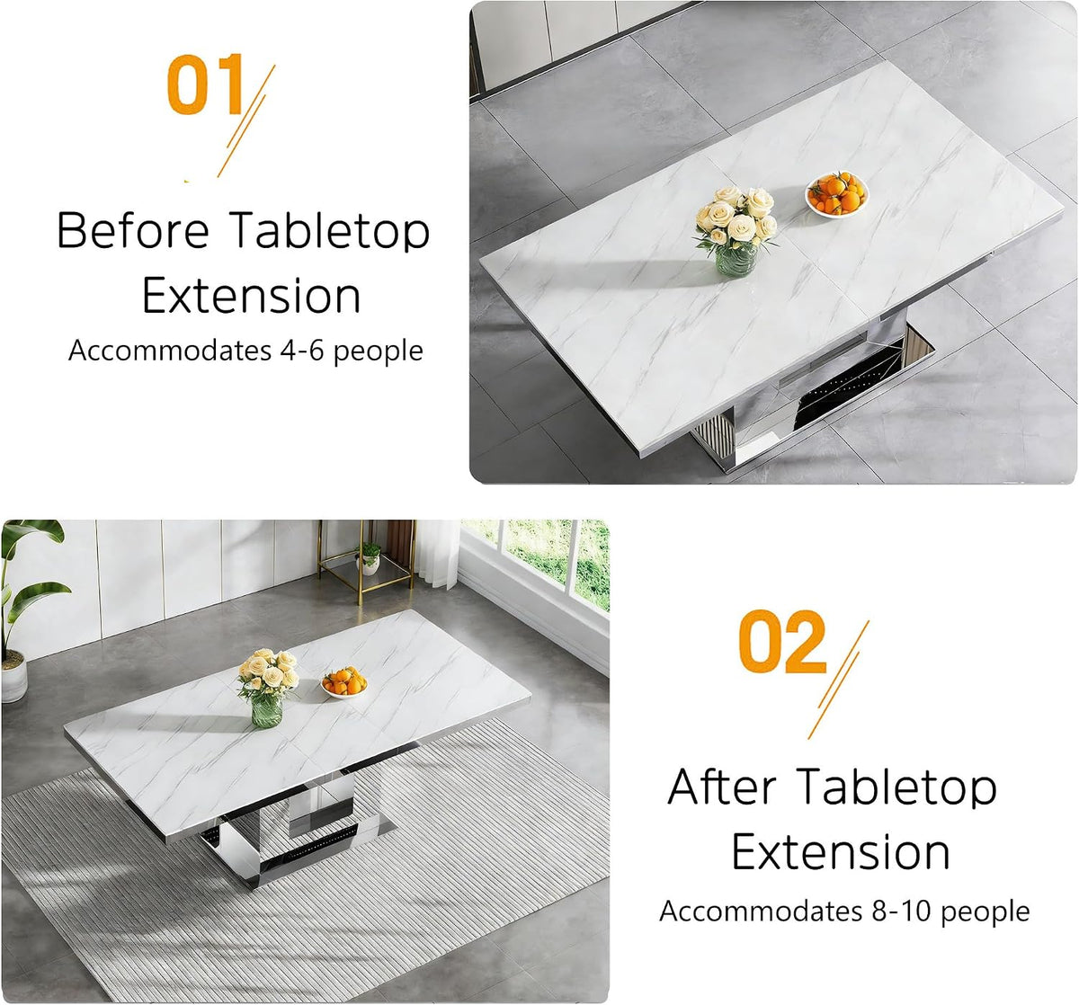 94 in Large Extendable Dining Table for 6 8 10, White Marble Pattern Top & Silver Mirrored Base, 3 Position Expansion 63" to 94", Modern Luxury Expandable Dining Room Table for Dinner Family Gathering