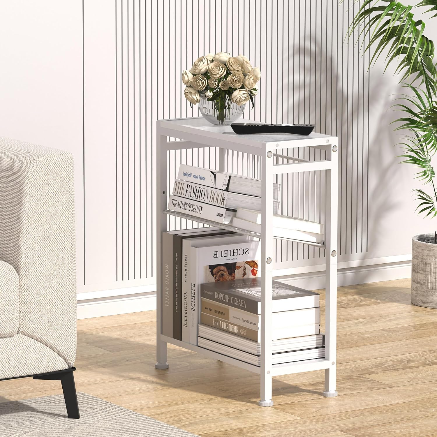 End Table for Small Space, 3-Tier Narrow Side Table with Magazine Holder,Small Nightstand, Skinny Snack Couch Table in Living Room, Bedroom Study and Balcony (White)