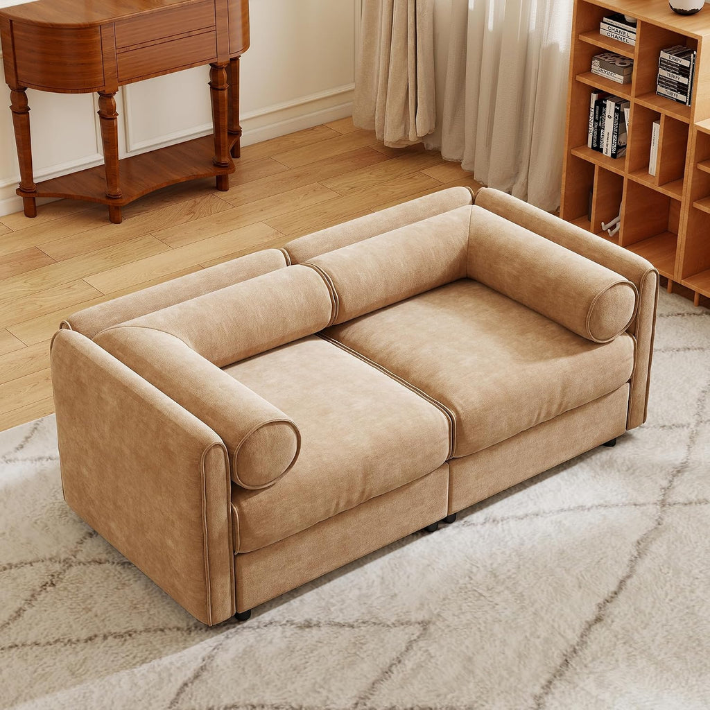 Oversized Modular Sectional Sofa with Storage Seat, 75.5" Chenille Lovseat Sofa with Cylindrical Backrest & Armrest, Modern Comfy 2-Seat Sofa Upholstered Deep Seat Couch for Living Room, Camel