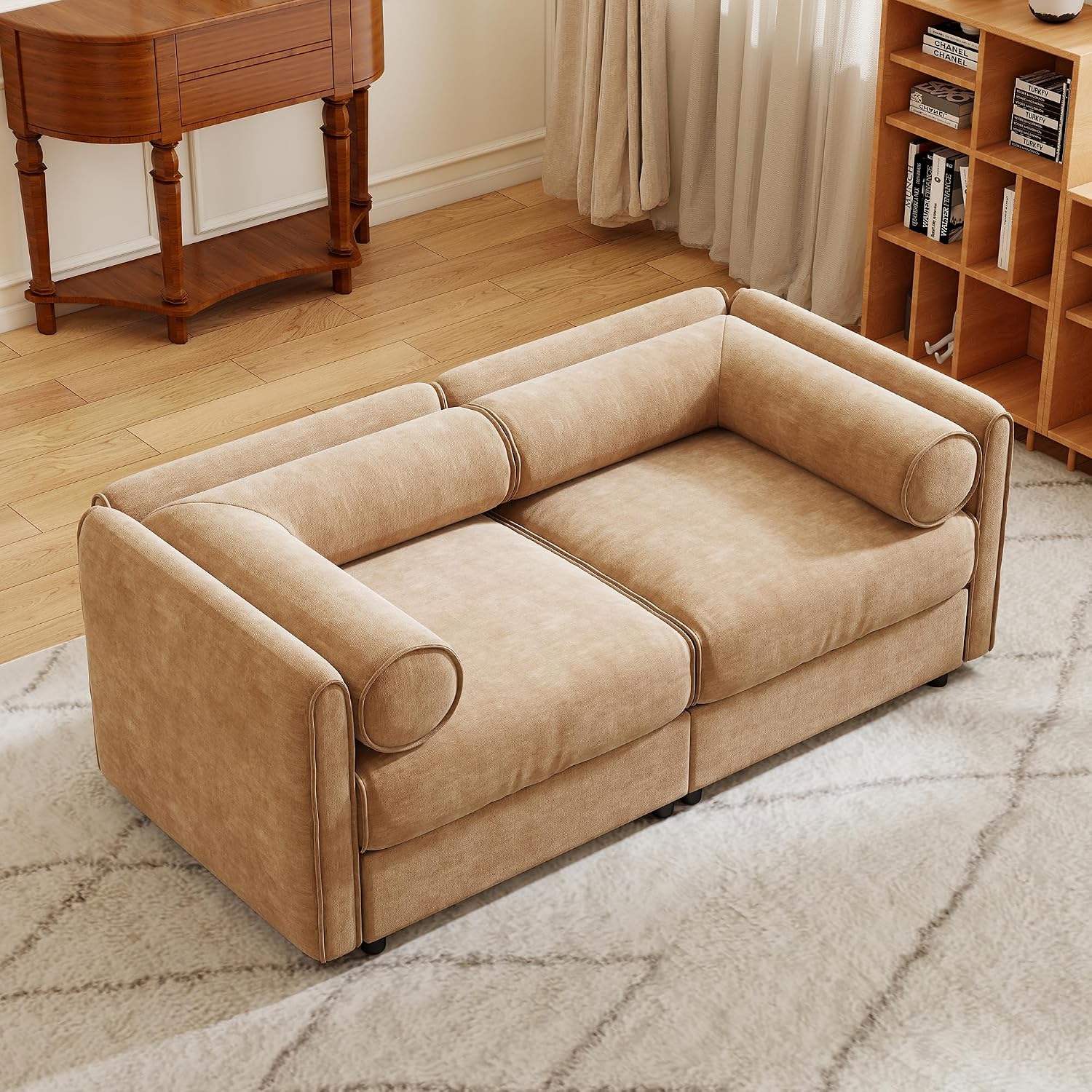 Oversized Modular Sectional Sofa with Storage Seat, 75.5" Chenille Lovseat Sofa with Cylindrical Backrest & Armrest, Modern Comfy 2-Seat Sofa Upholstered Deep Seat Couch for Living Room, Camel
