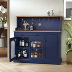 ARTPOWER 48" Farmhosue Coffee Bar Cabinet with Hutch, Wine Cabinet，Blue | Modern Buffet Cabinet with Drawer Storage & Shelves, Wine Bar Table with 3 Glass Doors for Living Room, Metal Hooks & handles
