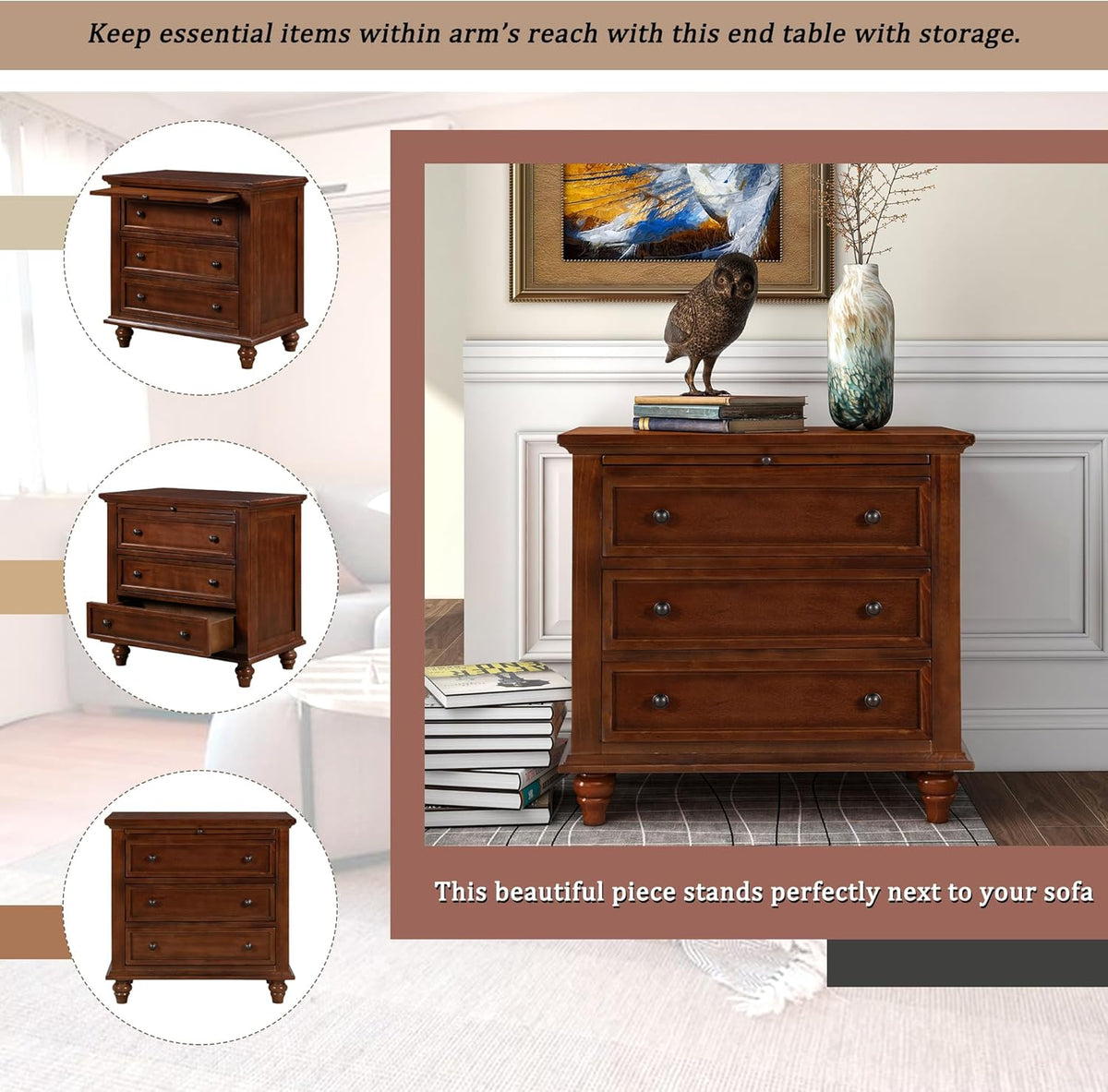3-Drawer Storage Wood Cabinet, End Table Set of Two with Pull Out Tray,Nightstand with 4 Round Wood Legs,for Bedroom LivingRoom Office Study (Brown@3)