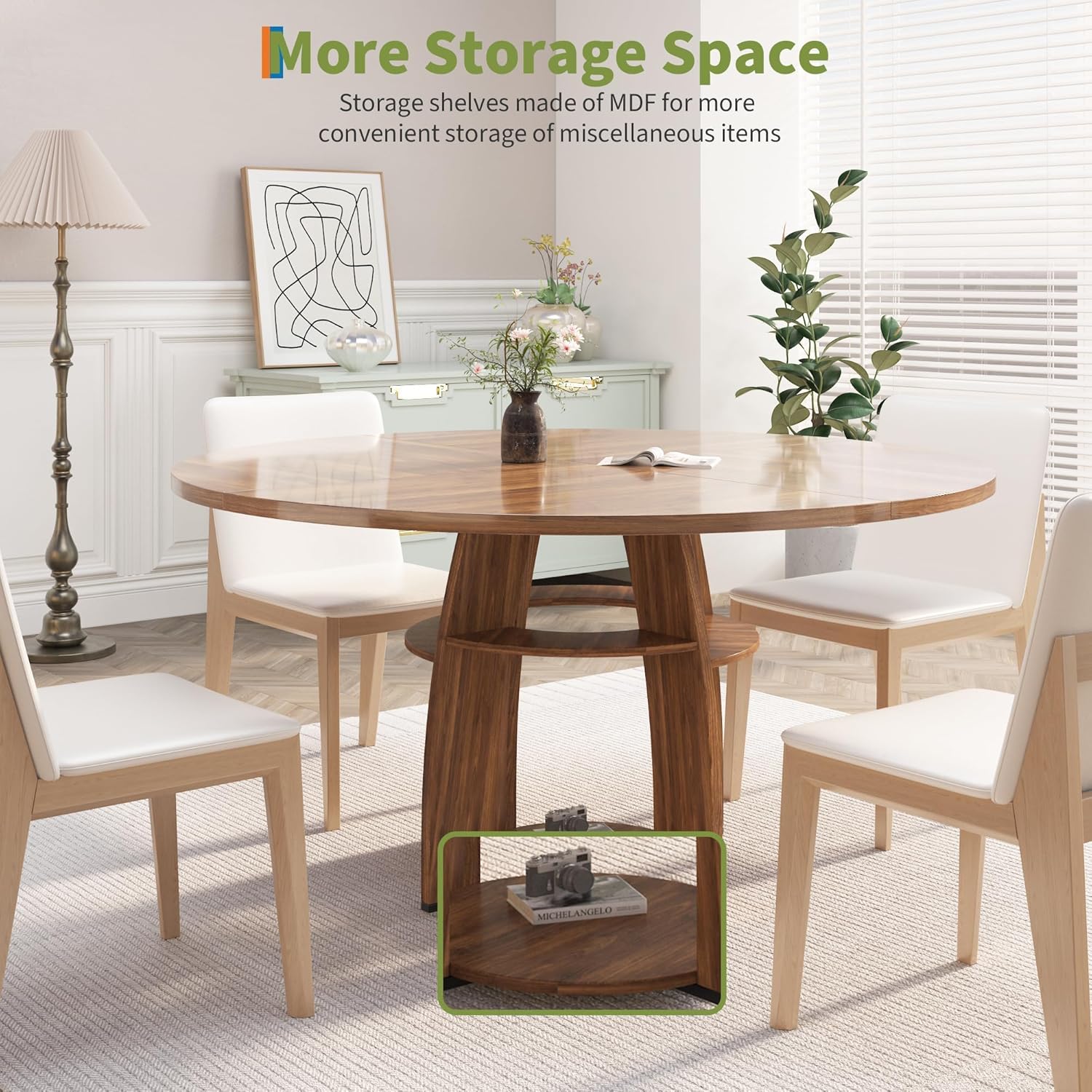 Jojoka 47 Inch Round Dining Table for 4-6 People, Wooden Kitchen Table with Sturdy Pedestal Base, Small Dining Table, Round Table for Dining Room & Living Room, Easy Assembly – Walnut Brown