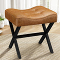Memobarco 18-Inch Large Leather Vanity Stool, Vanity Chair with Metal X-Leg, Ottoman Accent Stool with Thick Padded Saddle Seat, Brown