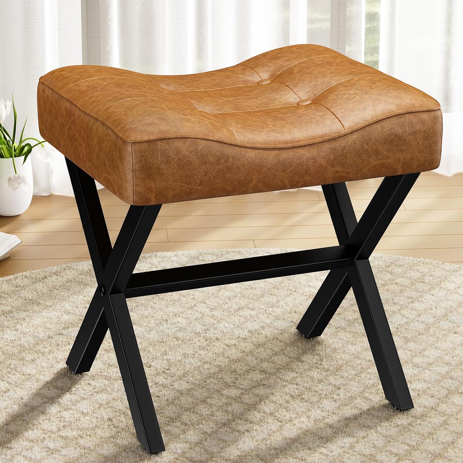 Memobarco 18-Inch Large Leather Vanity Stool, Vanity Chair with Metal X-Leg, Ottoman Accent Stool with Thick Padded Saddle Seat, Brown