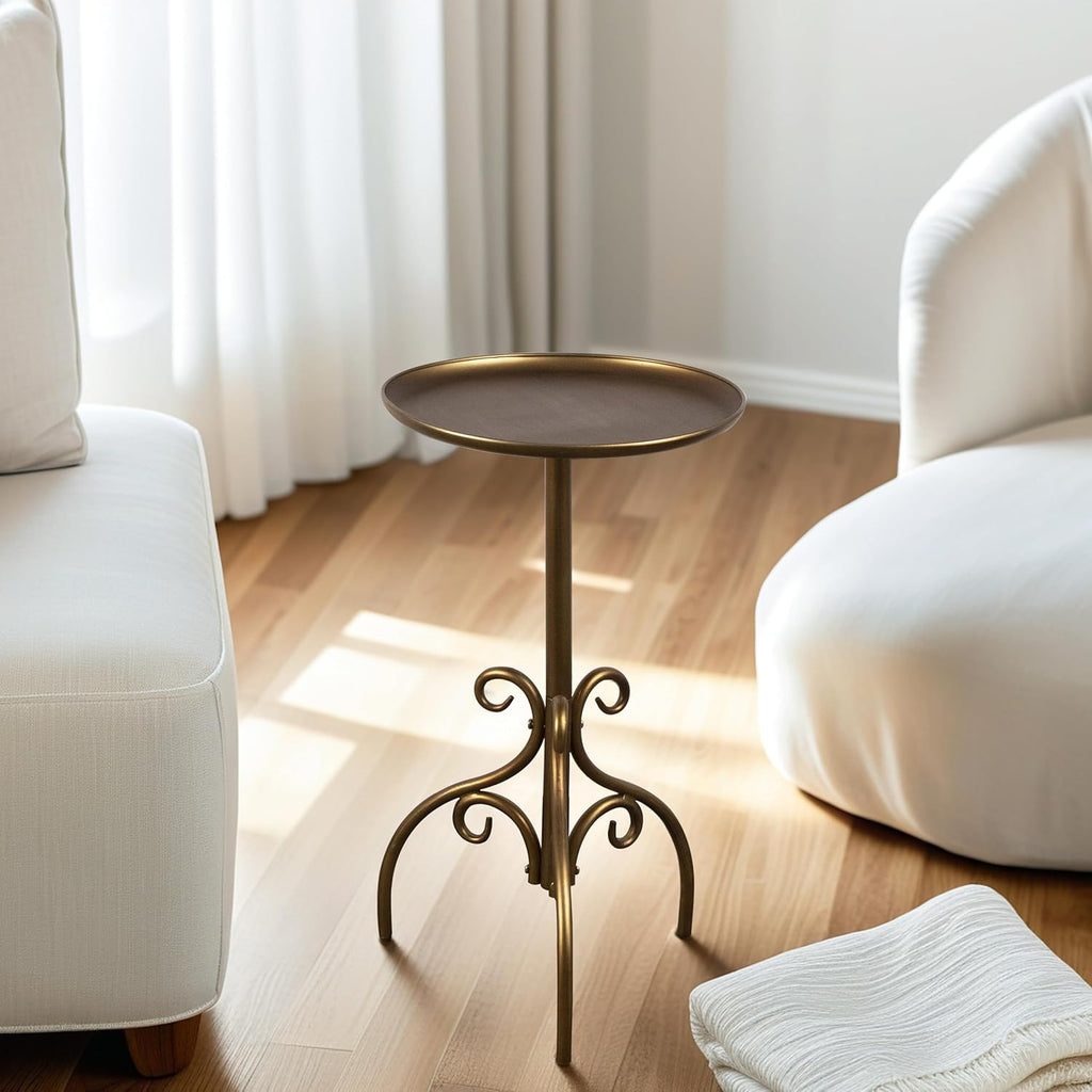 Round Side Table, Small Metal Drink Table for Small Spaces, Modern Martini Table for Living Room, Bedroom, Corners, and Office (Antique Brass)