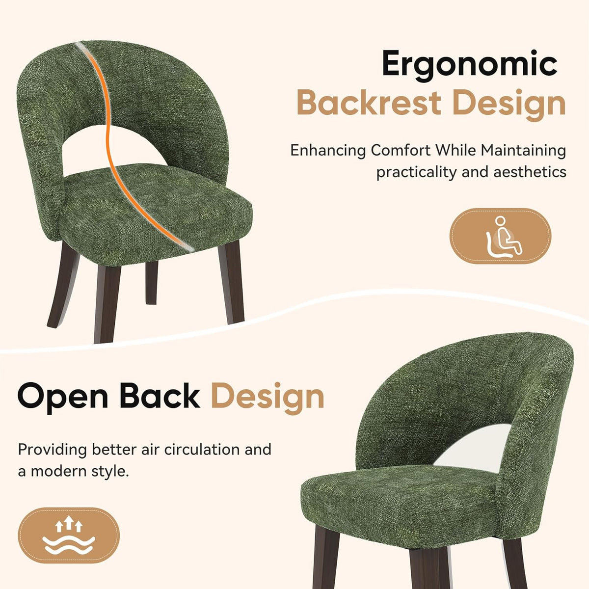 Dining Chairs Set of 4, Mid Century Modern Dining Chairs with Solid Wood Legs, Curved Back Kitchen Chair Farmhouse Side Upholstered Chairs for Kitchen Dining Room, Green