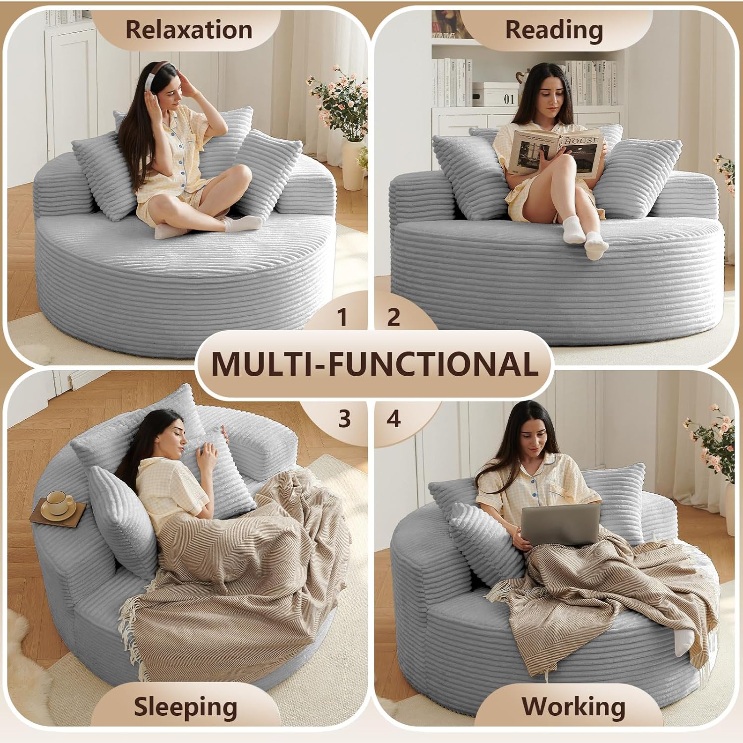 Oversized Round Chair Lounge Chaise Indoor, Upholstered Corduroy Deep Seat Cloud Large Circle Sofa Chair, No Assembly Required, Fluffy Modern Sleeper Sofa Bed for Reading, Living Room, Light gray