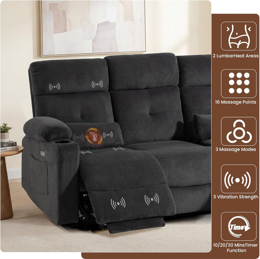 Power Reclining Sofa with Heat and Massage| RV Wall Hugger Recliner Sofa with Electric Tilt | RV 3 Seater Recliner Sofa for Living Room (Sofa Grey)