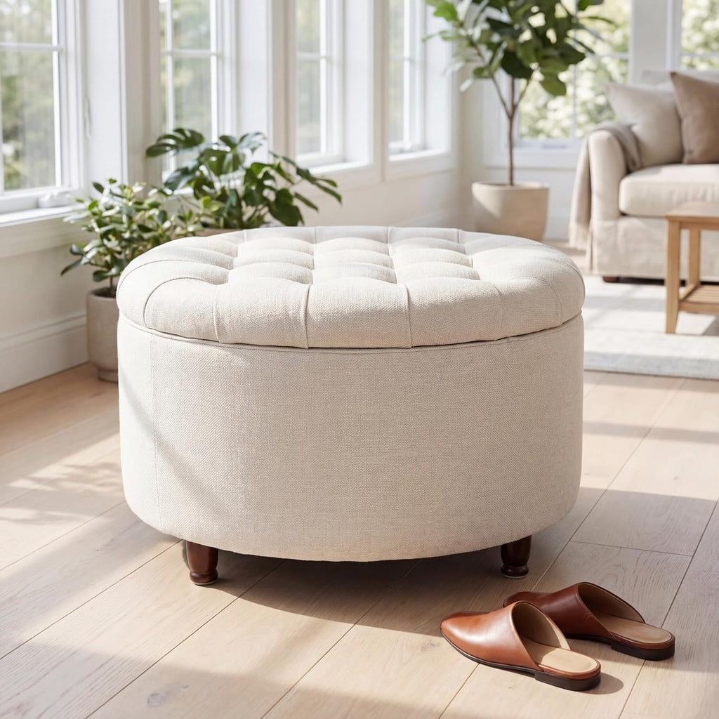 28" Round Storage Ottoman, Tufted Coffee Table for Living Room,Beige | Chenille Upholstered Footrest with Removable-Top & Wood Leg Large Footstool