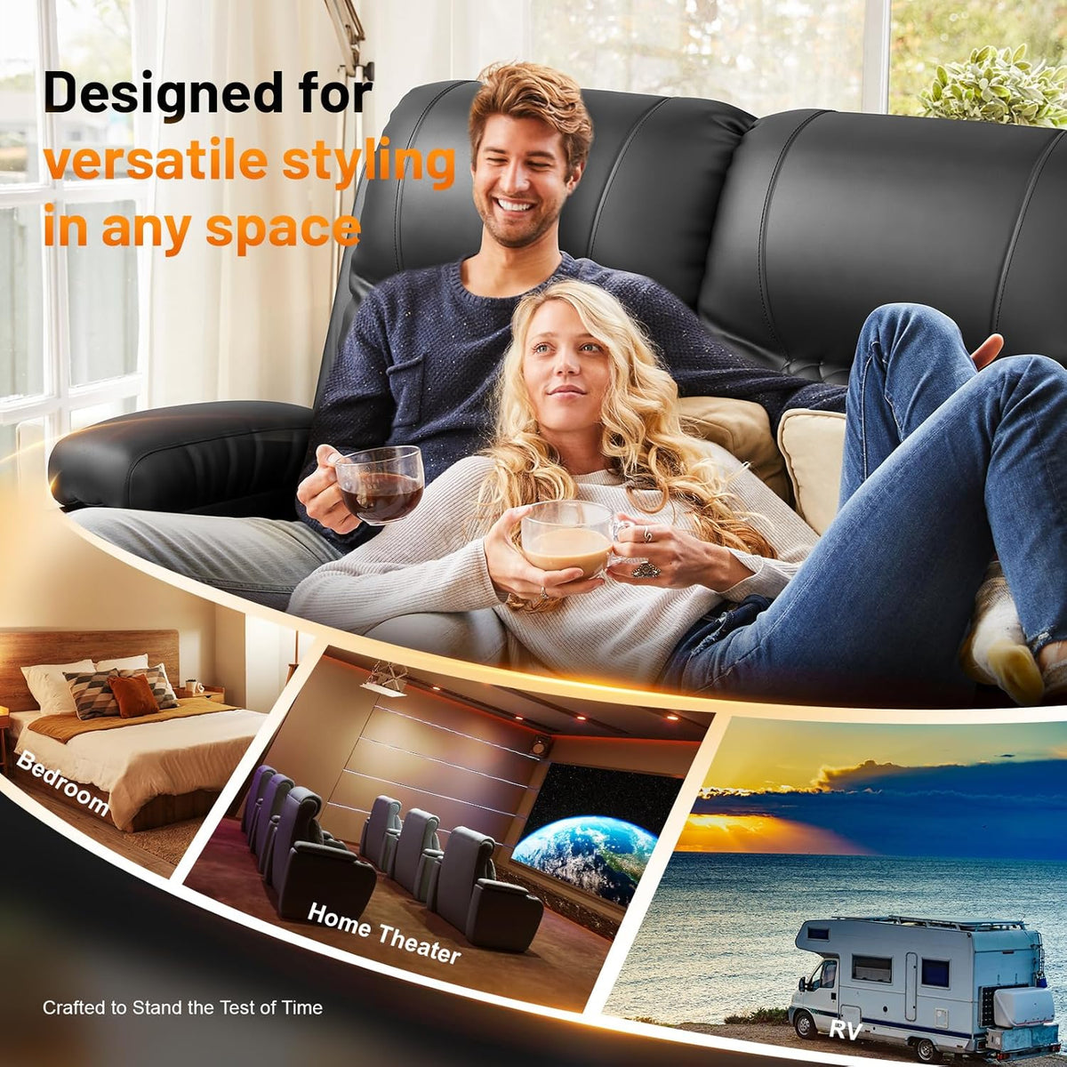 FURNIMAT Recliner Sofa, Modern Dual Reclining Sofa with Flip Back Console, 4 Seater PU Leather Recliner Couch for Living Room/RV, with Storage Drawer, USB Ports, Cup Holder, Cell Phone Holder, Black