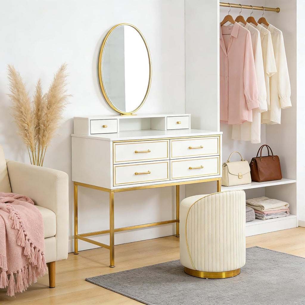 Vanity Stool with Back, 360° Swivel Round Makeup Vanity Chair, Foot Stools Ottoman Faux Fur, Upholstered Multifunctional Accent Stool for Makeup, Bedroom, Living Room, Cream