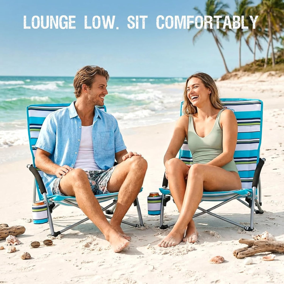 Old Bahama Bay 2 Pack Ergonomic Low Beach Chair for Back Support – Heavy Duty 350lbs Folding Sand Chair, Cup Holder & Carry Bag – Lightweight Portable Seat for Beach, Camping, Concerts,Stripe Design