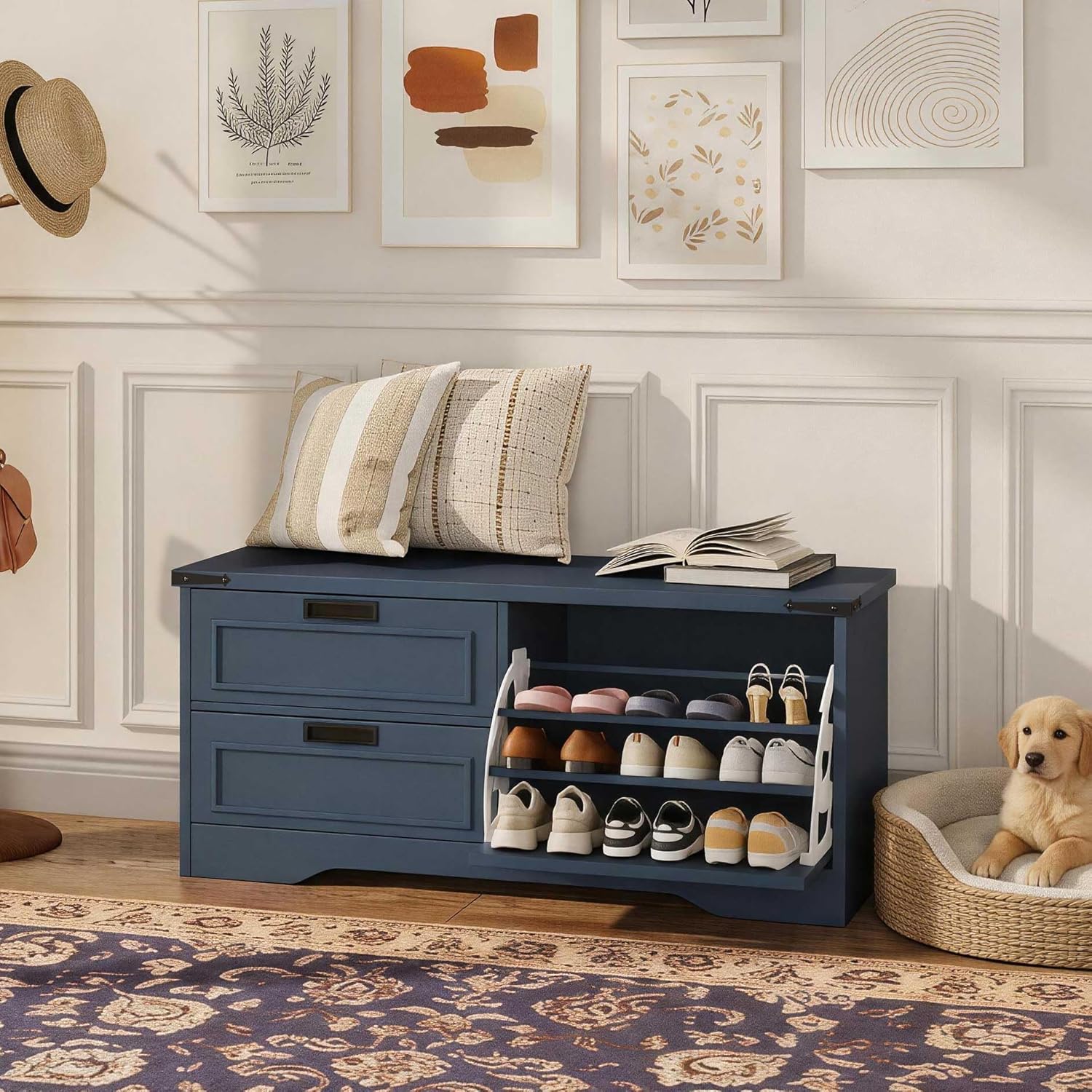 FATORRI 41 Inch Storage Bench, Industrial Shoe Bench for Entryway, End of Bed Bench and Window Bench for Living Room, Bedroom and Mudroom (Blue)