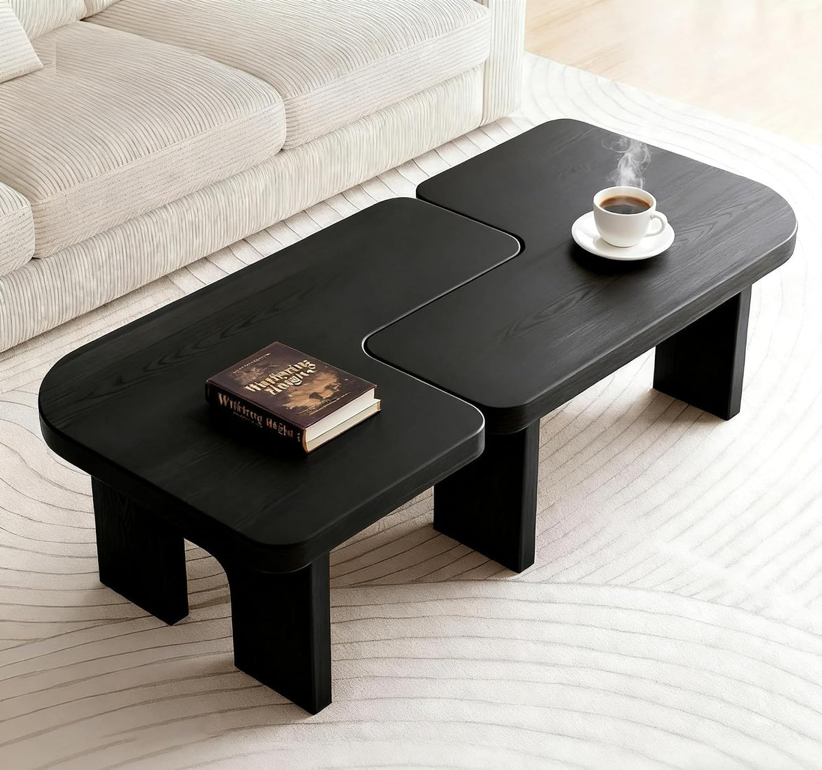 53.15" Antique Black Wood Nesting Coffee Table Set | 70.86 Inch Extended Length; Smooth Easy-Clean Surface; Space-Saving Modern Center Table for Living Room and Small Apartments